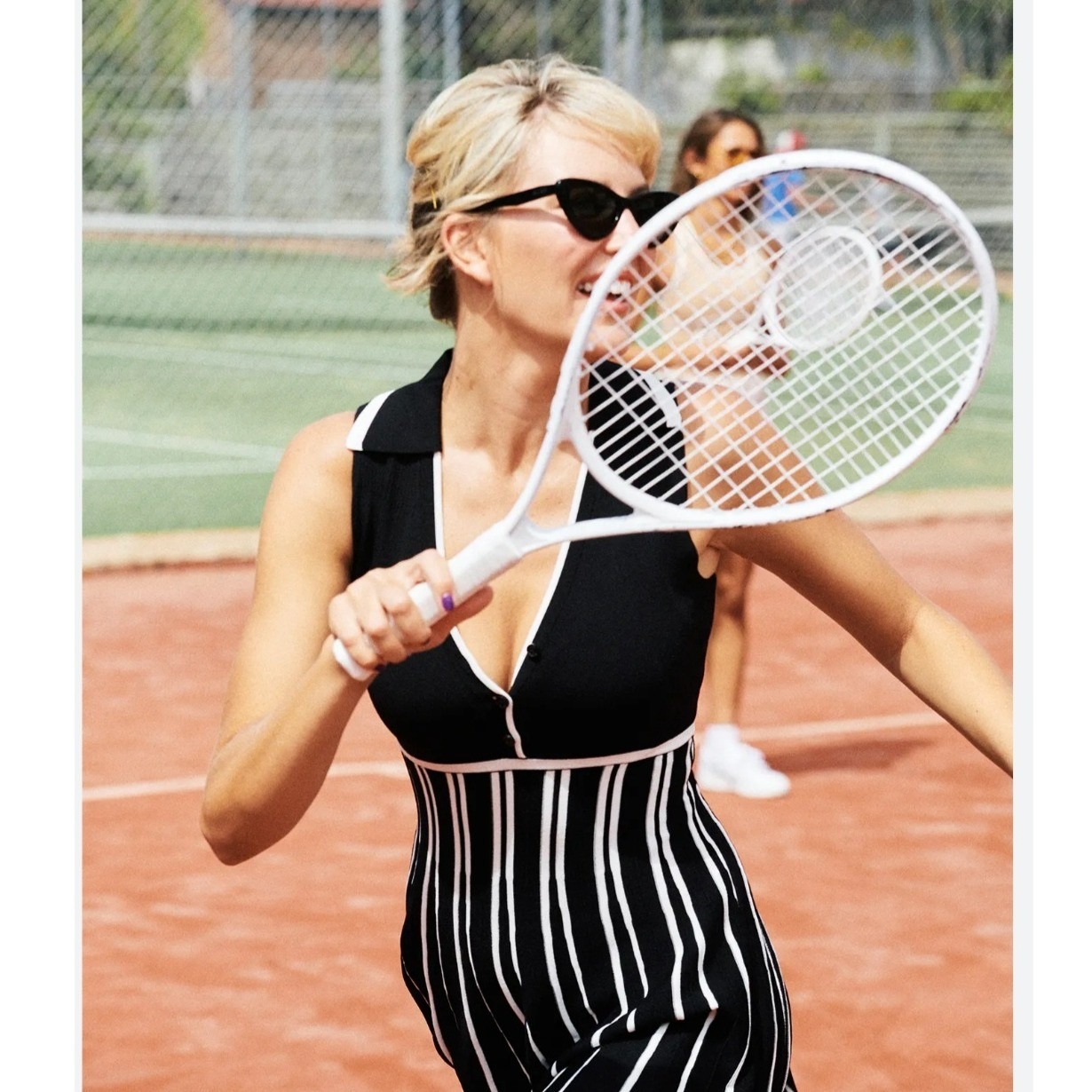 Aje Black White Striped Knit Tennis Dress Sleeveless V-Neck Collared Mini Pleats